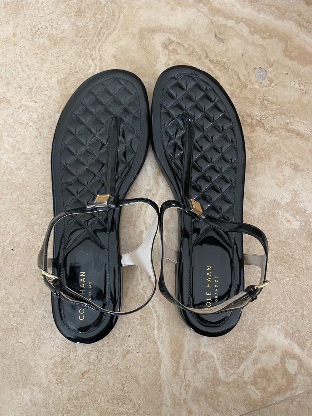 Cole Haan Black Quilted Patent T-Strap Sandals with Gold Accents - Like new